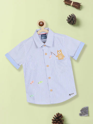 Boys Standard Vertical Striped Applique Casual Shirt