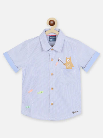 Boys Standard Vertical Striped Applique Casual Shirt
