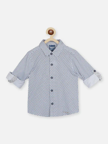 Boys Standard Geometric Printed Roll Up Sleeves Pure Cotton Casual Shirt