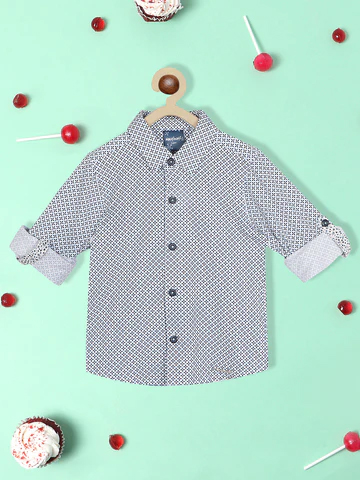 Boys Standard Geometric Printed Roll Up Sleeves Pure Cotton Casual Shirt