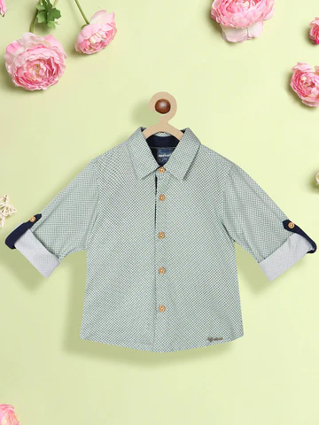 Boys Standard Geometric Printed Roll Up Sleeves Pure Cotton Casual Shirt