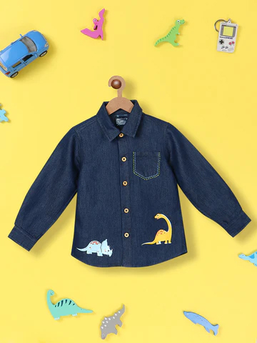 Boys Standard Fit Graphic Printed Denim Pure Cotton Casual Shirt