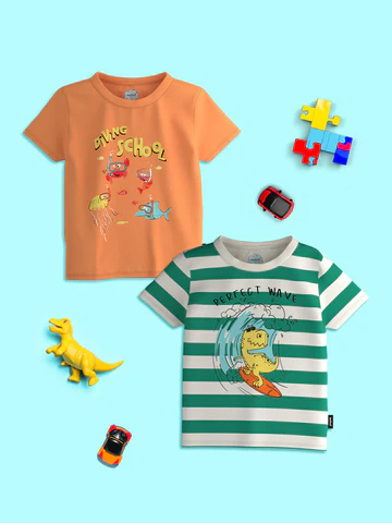 Boys Green-Orange Graphic Printed Half Sleeve Pack of 2 T-Shirt
