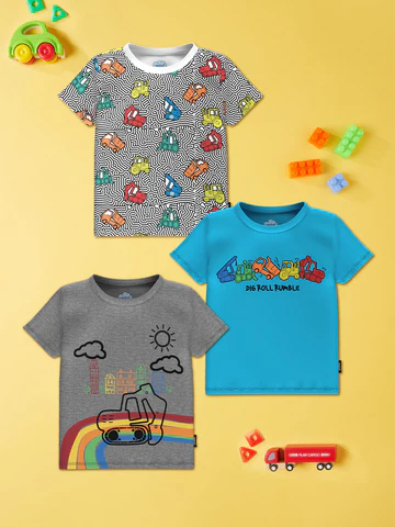 Boys Pack Of 3 Graphic Printed Cotton T-Shirts