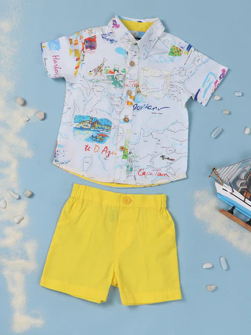 Boys Yellow White Printed Shirt Bottom Co-Ord Set