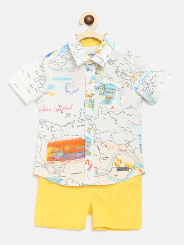 Boys Yellow White Printed Shirt Bottom Co-Ord Set