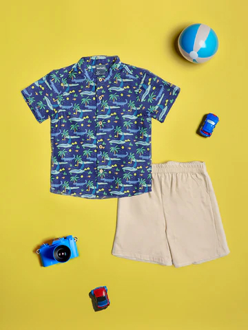 Boys Blue Printed Shirt with Shorts