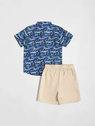 Boys Blue Printed Shirt with Shorts