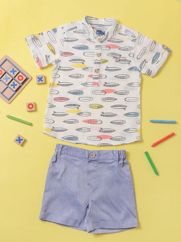 Boys White Blue Printed Pure Cotton Shirt With Shorts