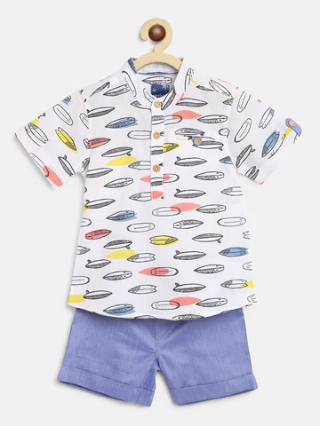 Boys White Blue Printed Pure Cotton Shirt With Shorts
