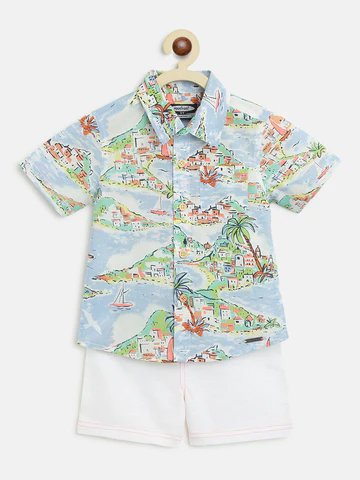 Boys Blue White Printed Pure Cotton Shirt With Shorts