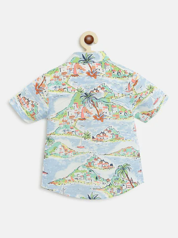 Boys Blue White Printed Pure Cotton Shirt With Shorts