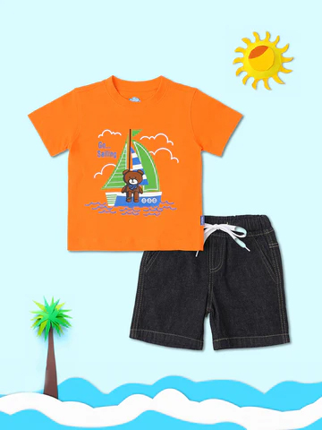 Boys Orange-Blue Graphic Printed T-Shirt with Shorts