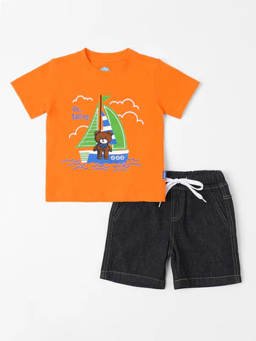 Boys Orange-Blue Graphic Printed T-Shirt with Shorts