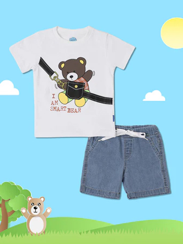 Boys White-Blue Graphic Printed T-Shirt with Shorts