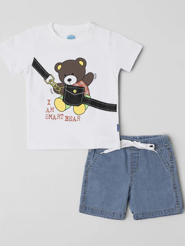 Boys White-Blue Graphic Printed T-Shirt with Shorts