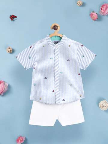 Boys Blue White Printed Shirt with Shorts