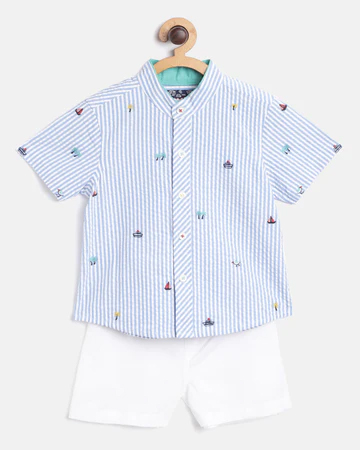 Boys Blue White Printed Shirt with Shorts