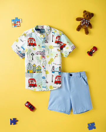 Boys Conversational Printed Mandarin Collar Pure Cotton Shirt With Shorts