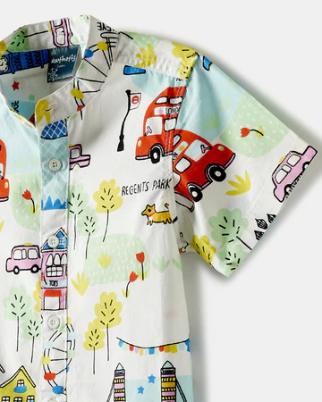 Boys Conversational Printed Mandarin Collar Pure Cotton Shirt With Shorts