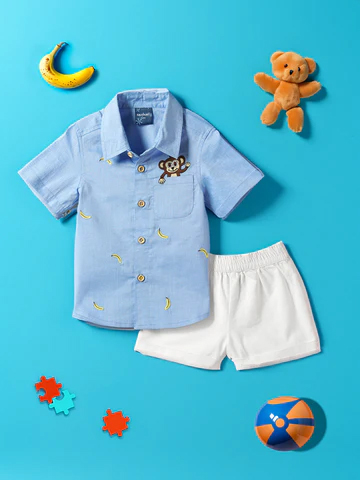 Boys Blue-White Embroidered Half Sleeves Collar-Neck Casual Shirt With Shorts