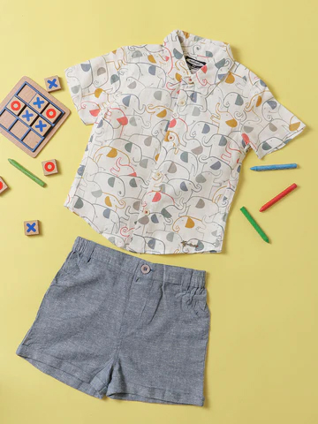 Boys Multicoloured Grey Printed Shirt with Shorts