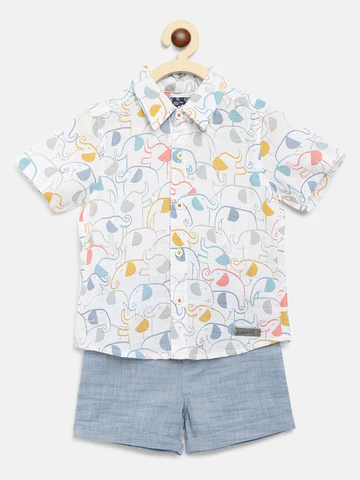 Boys Multicoloured Grey Printed Shirt with Shorts