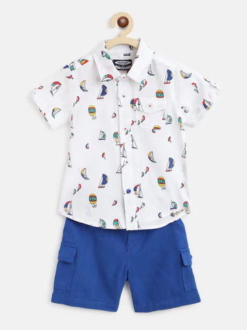Boys White Navy Blue Printed Pure Cotton Shirt With Shorts
