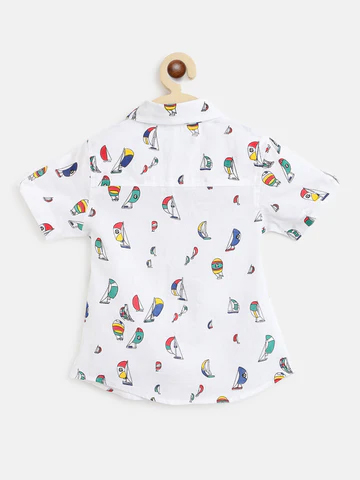 Boys White Navy Blue Printed Pure Cotton Shirt With Shorts