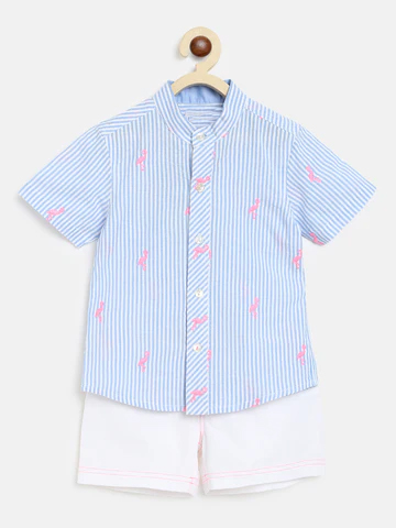 Boys Blue White Striped Pure Cotton Shirt with Shorts