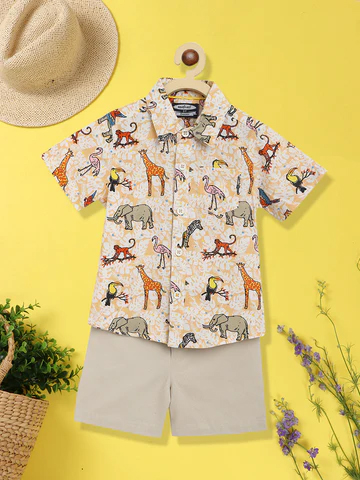 Boys Beige Orange Printed Pure Cotton Shirt with Shorts