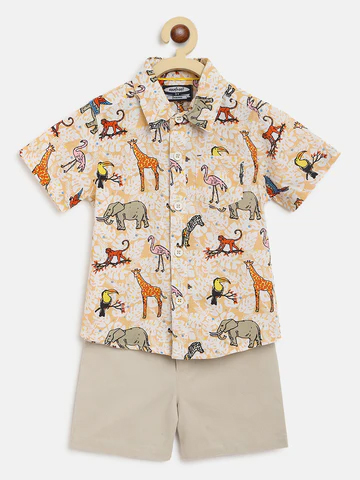 Boys Beige Orange Printed Pure Cotton Shirt with Shorts