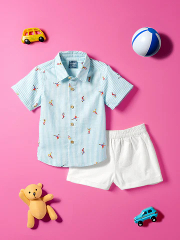 Boys Printed Half Sleeves Collar-Neck Shorts & Shirt Set