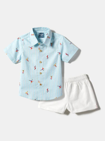 Boys Printed Half Sleeves Collar-Neck Shorts & Shirt Set
