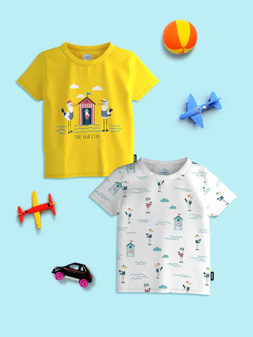 Boys Yellow-White Graphic Printed Half Sleeve Pack of 2 T-Shirt