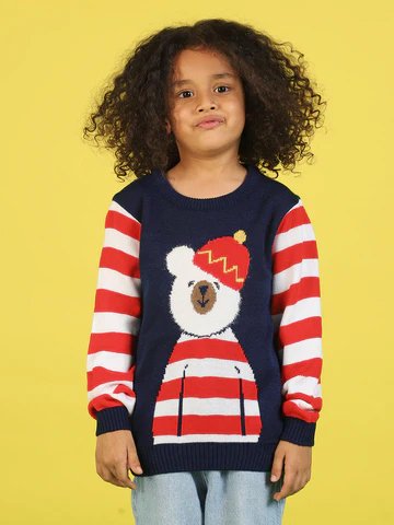 Boys Graphic Printed Jacquard-Knit Fuzzy Detail Ribbed Hooded Acrylic Pullover