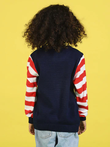 Boys Graphic Printed Jacquard-Knit Fuzzy Detail Ribbed Hooded Acrylic Pullover