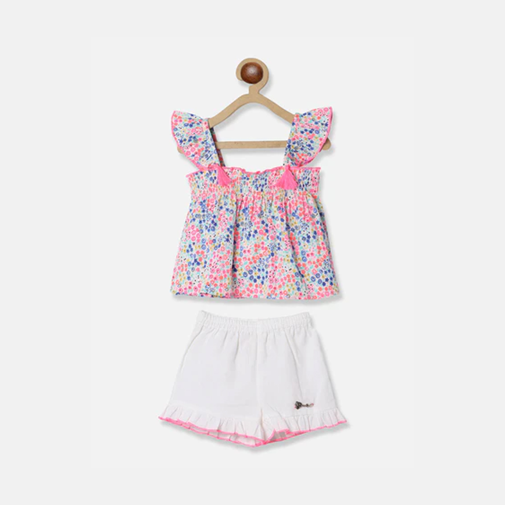 Girls Floral Embroidered Puff Sleeve Denim Cotton A-Line Mini Dress With Belt