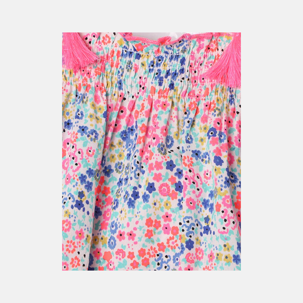 Girls Floral Embroidered Puff Sleeve Denim Cotton A-Line Mini Dress With Belt