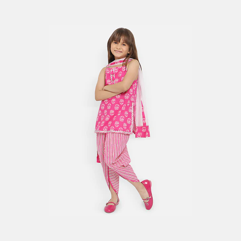 Girls Puff Sleeves A-Line Dress With Bow