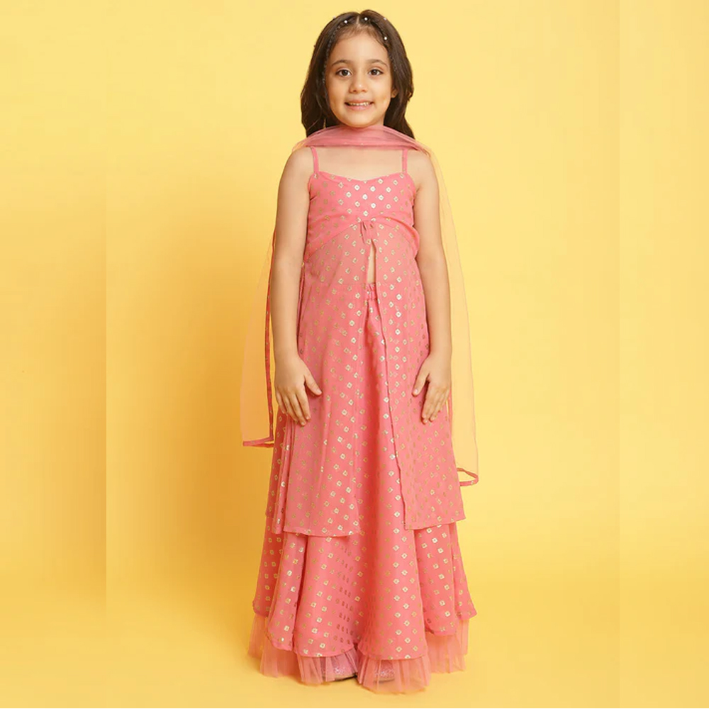 Girls Light-Pink Printed Sleeveless Polyester Ethenic