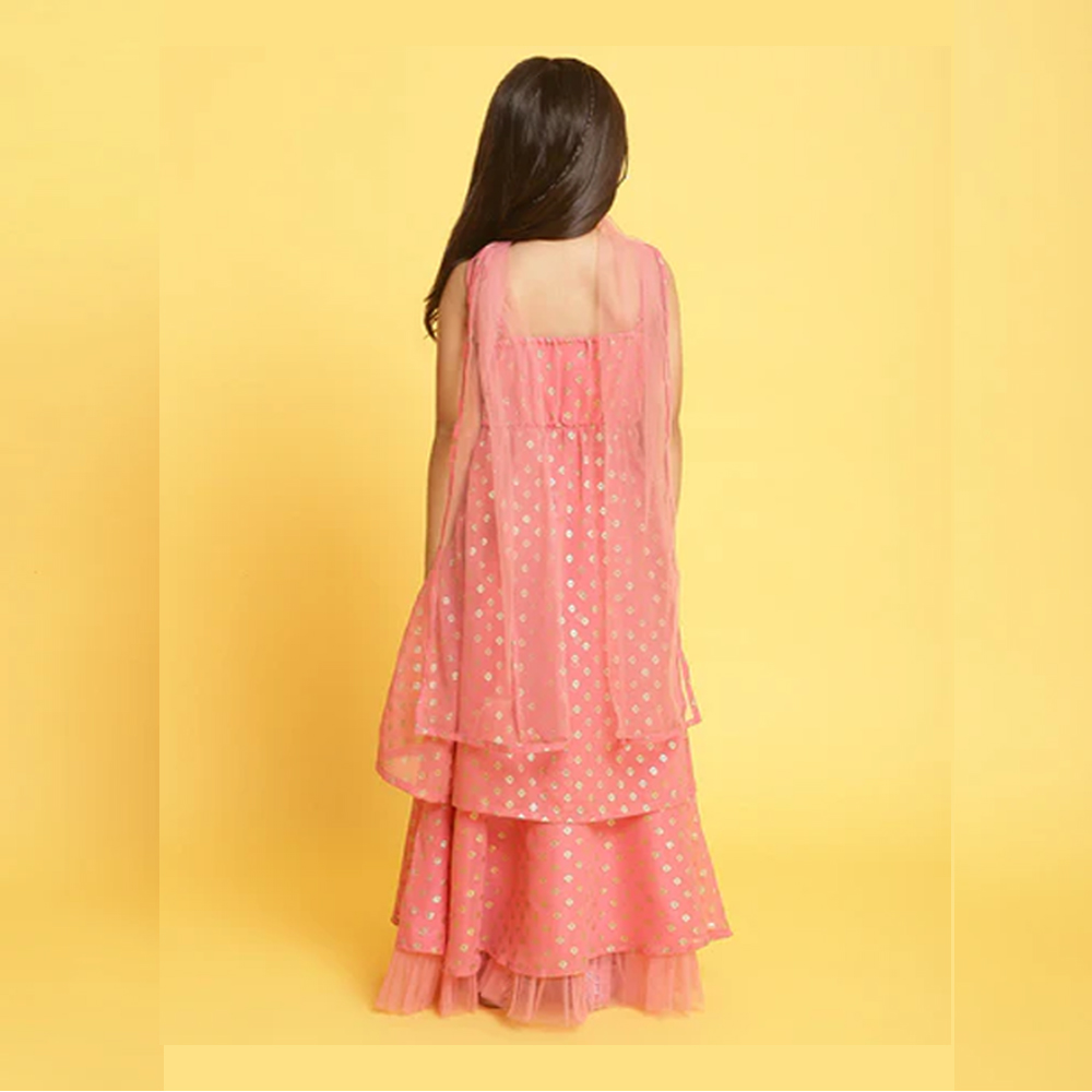 Girls Light-Pink Printed Sleeveless Polyester Ethenic