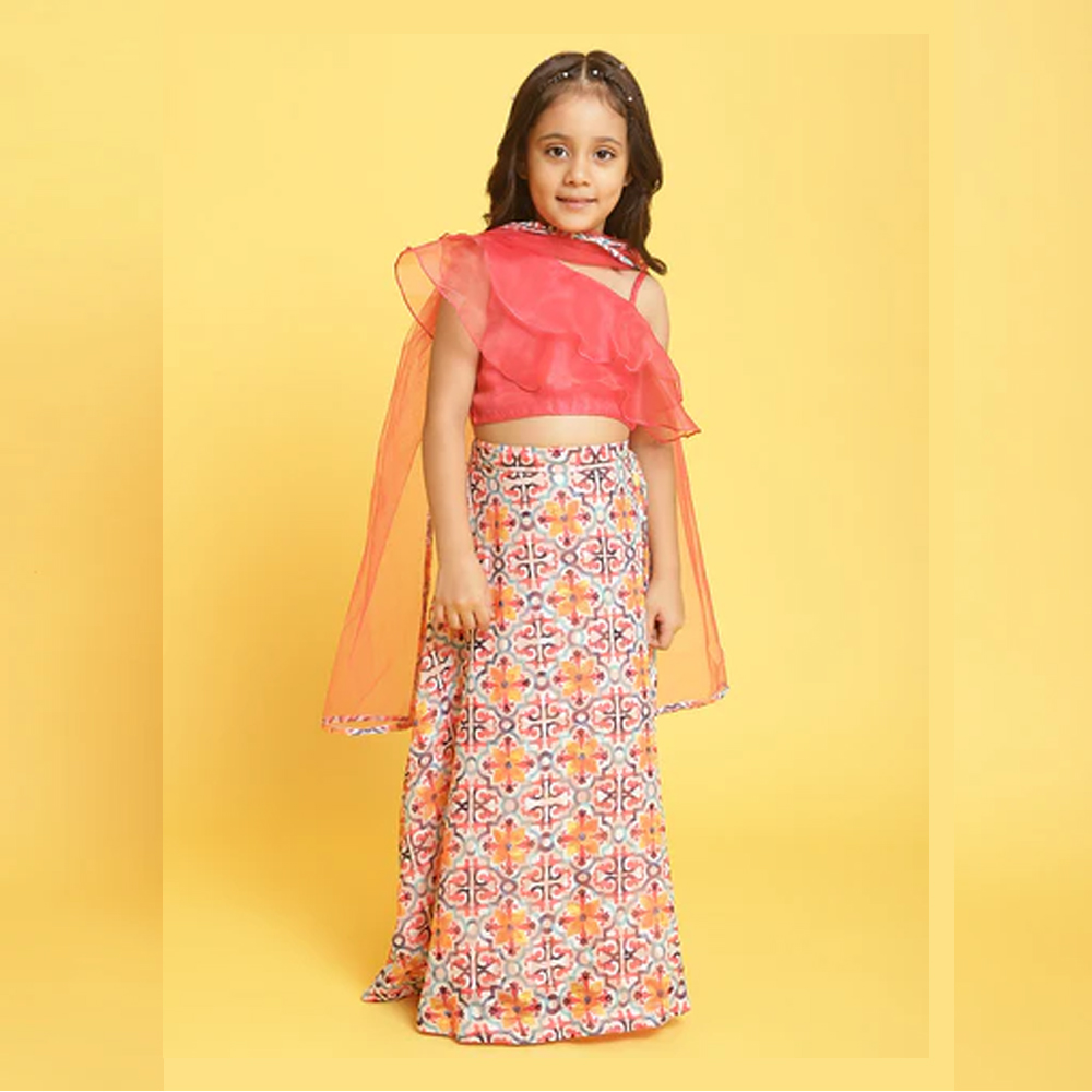 Girls Coral-Multi Printed Sleeveless Polyester Ethenic