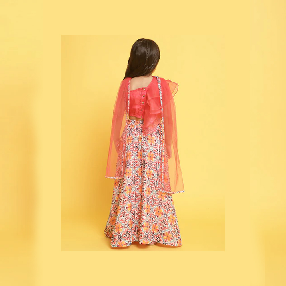 Girls Coral-Multi Printed Sleeveless Polyester Ethenic