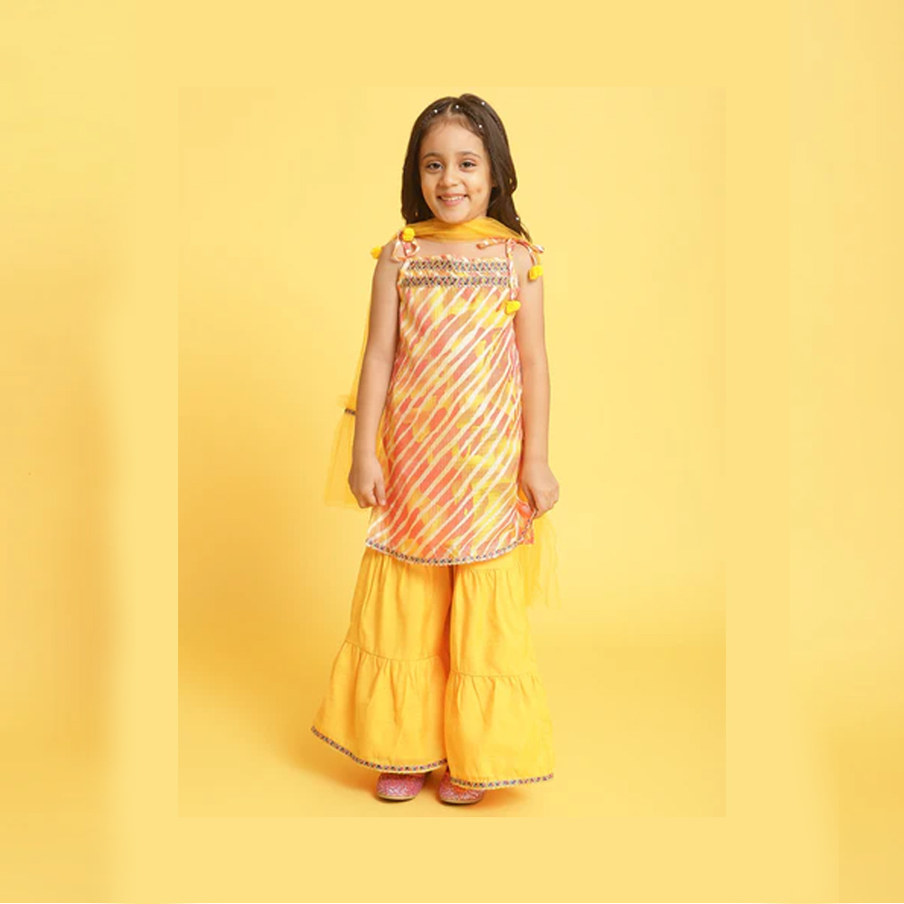 Girls Mustard-Multi Printed Sleeveless Polyester Ethenic