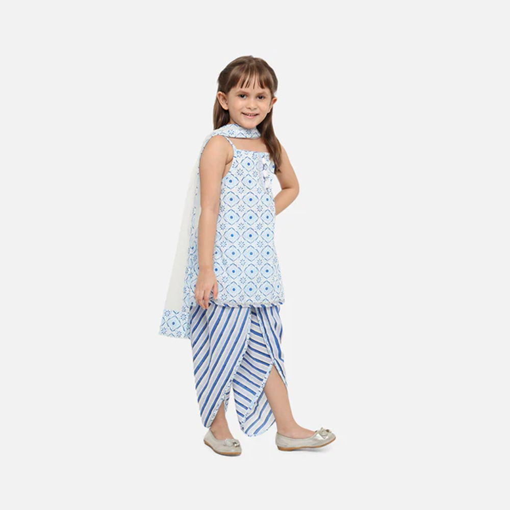 Girls Blue Ethnic Motifs Regular Pure Cotton Kurti with Dhoti Pants Dupatta