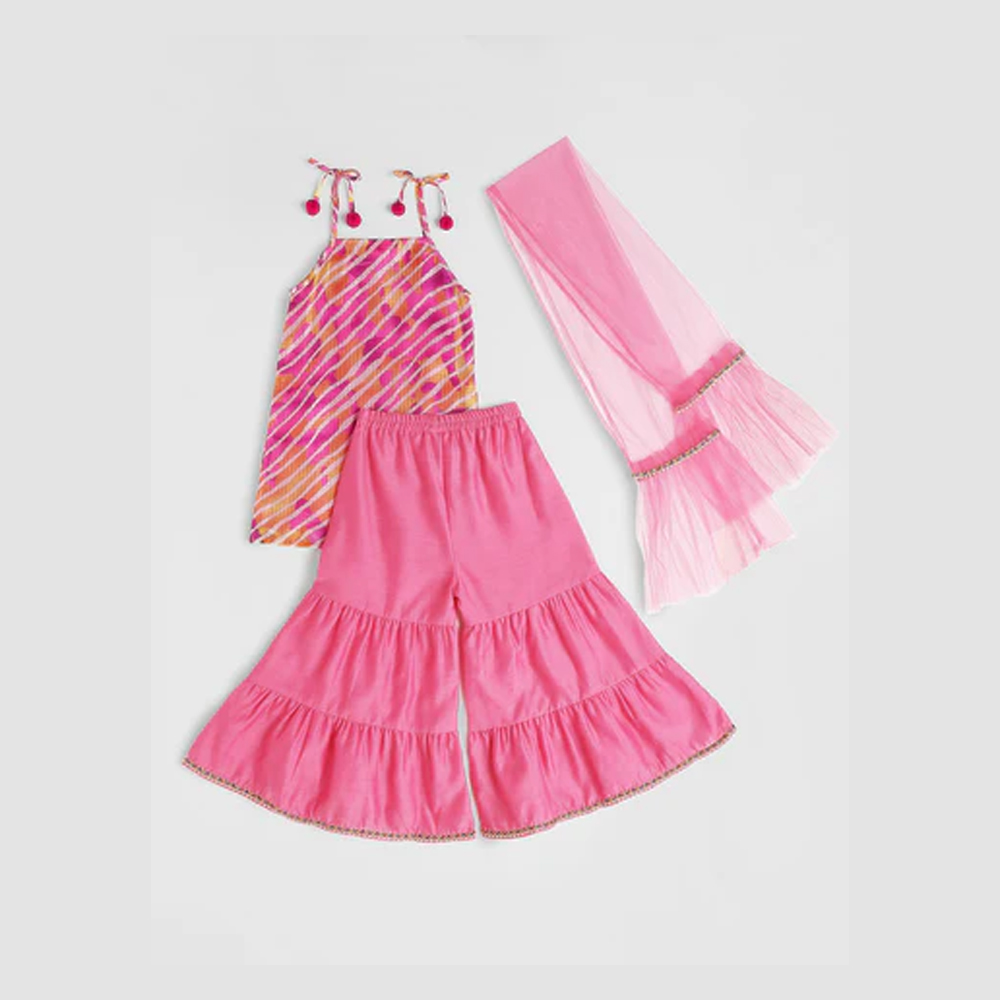 Girls Leheriya Printed Shoulder Straps Gotta Patti Kurti with Sharara Dupatta