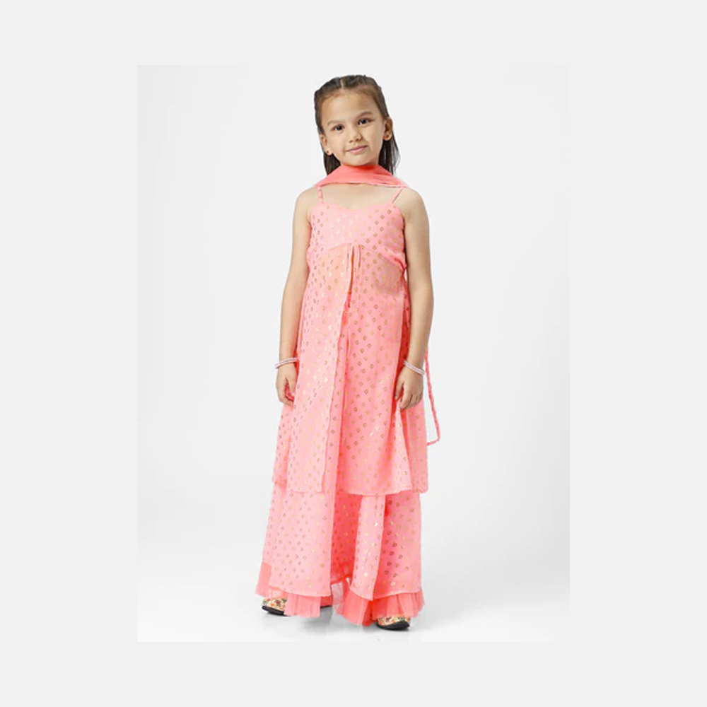 Girls Light Pink-Golden Printed Foil Print Ready to Wear Lehenga Blouse With Dupatta