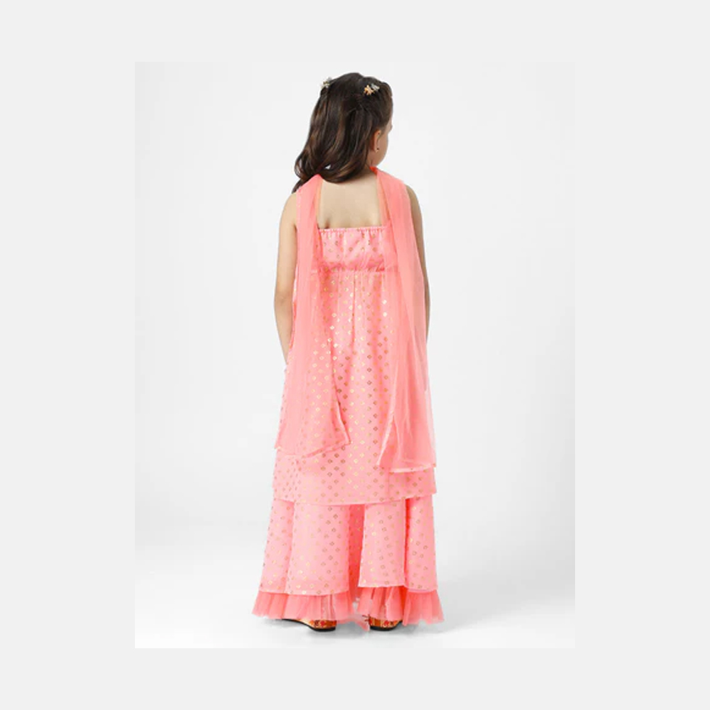 Girls Light Pink-Golden Printed Foil Print Ready to Wear Lehenga Blouse With Dupatta