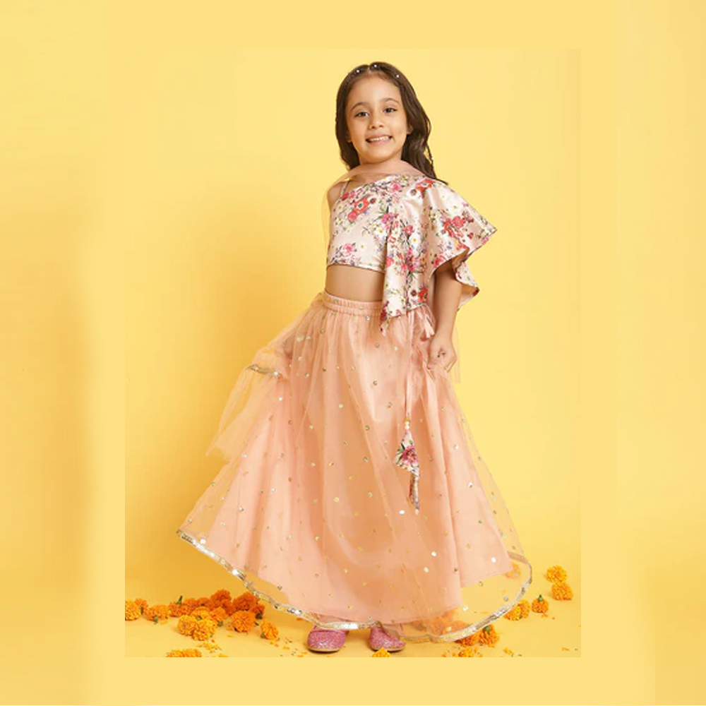 Girls Light-Pink Printed Sleeveless Polyester Ethenic